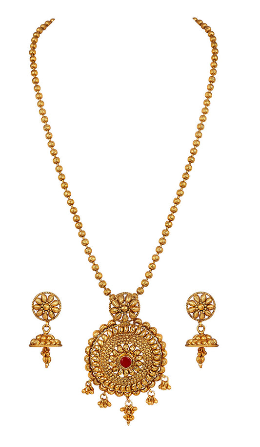 Gold Plated Floral Design Pendant With Chain And Jhumka Earring Set (Red)