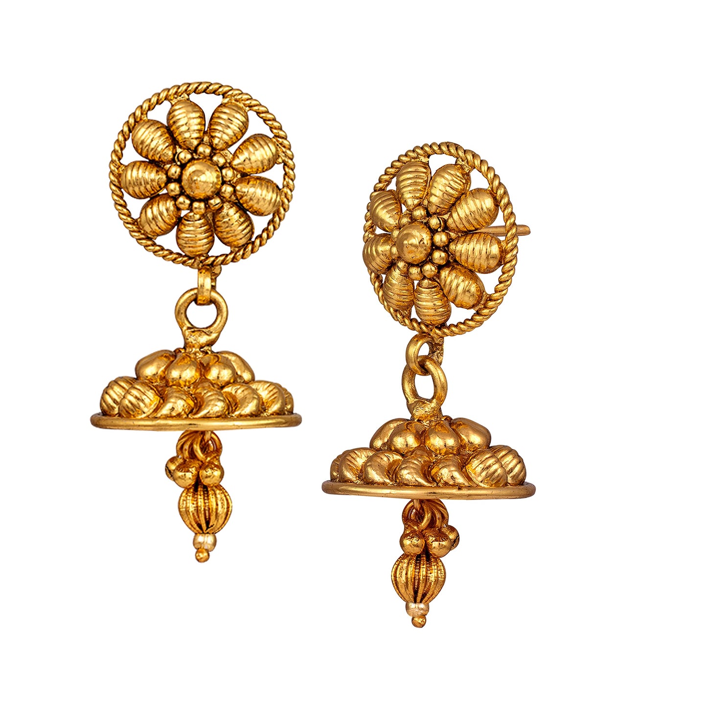 Gold Plated Floral Design Pendant With Chain And Jhumka Earring Set (Red)