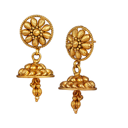 Gold Plated Floral Design Pendant With Chain And Jhumka Earring Set (Red)