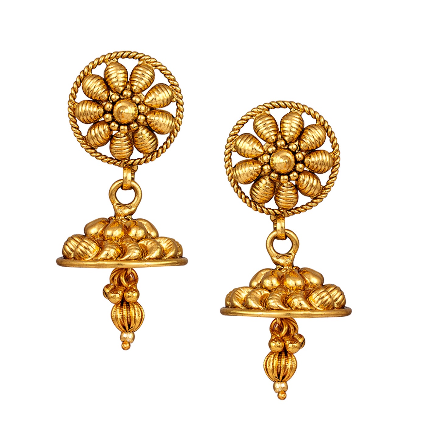 Gold Plated Floral Design Pendant With Chain And Jhumka Earring Set (Red)