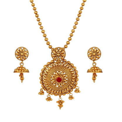 Gold Plated Floral Design Pendant With Chain And Jhumka Earring Set (Red)