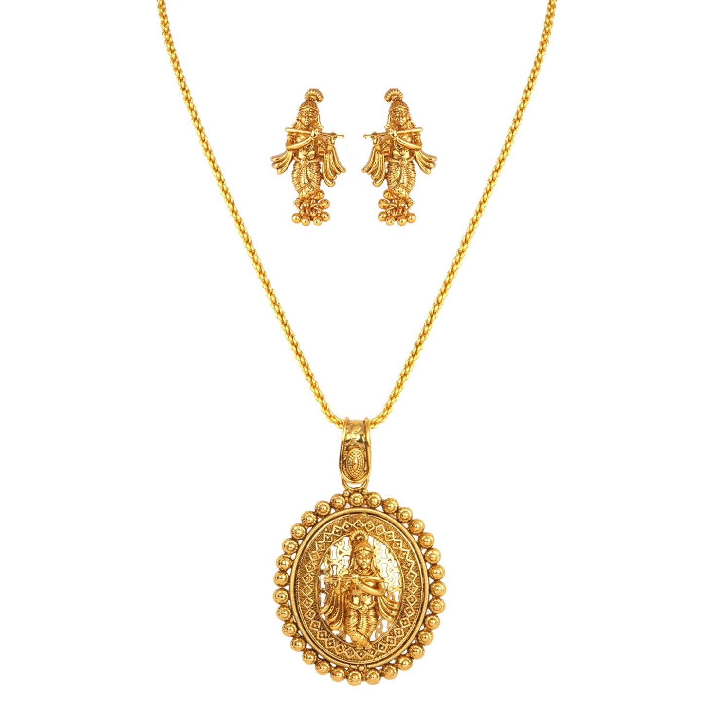 Gold Plated Lord Krishna Pendant Set With Earring & Finger Ring .