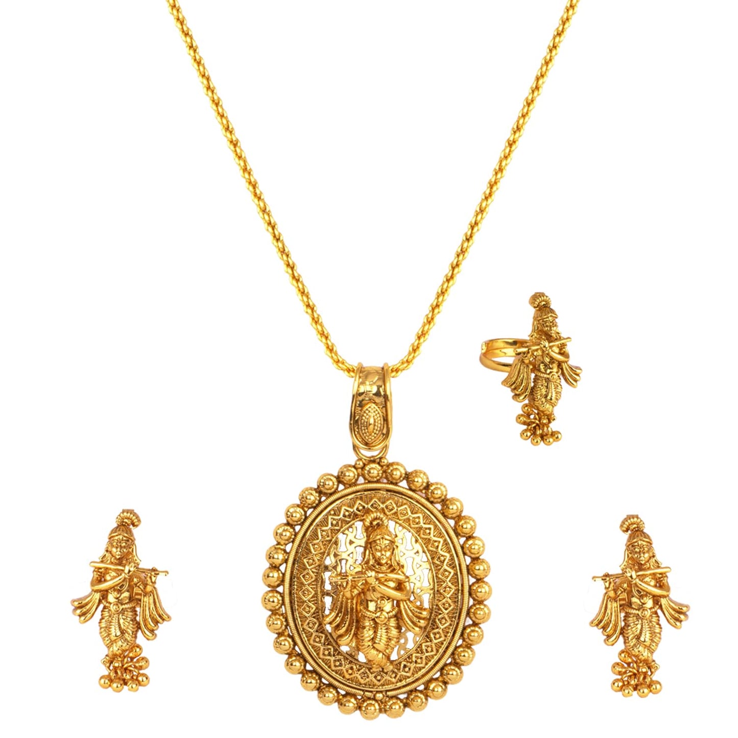 Gold Plated Lord Krishna Pendant Set With Earring & Finger Ring .