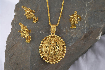 Gold Plated Lord Krishna Pendant Set With Earring & Finger Ring .