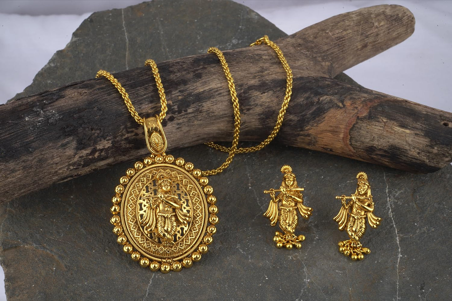 Gold Plated Lord Krishna Pendant Set With Earring & Finger Ring .