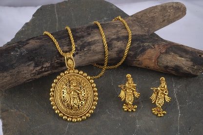 Gold Plated Lord Krishna Pendant Set With Earring & Finger Ring .