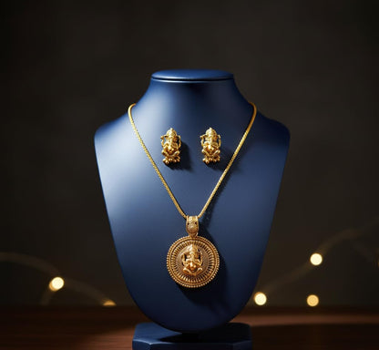 Gold Plated Lord Ganesh Pendant Set With Earring & Finger Ring .