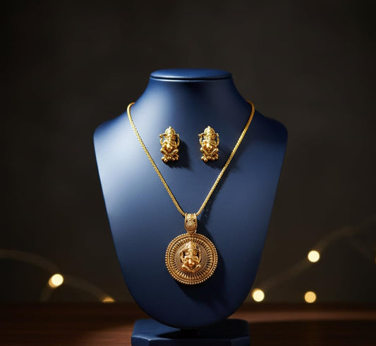 Gold Plated Lord Ganesh Pendant Set With Earring & Finger Ring .