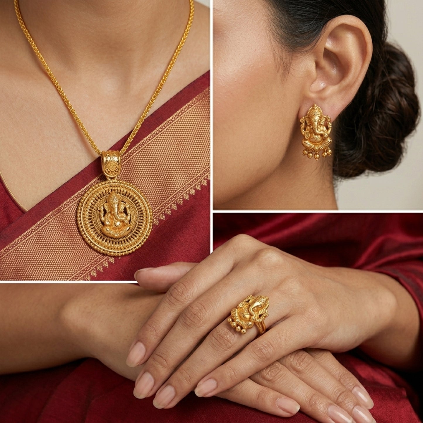 Gold Plated Lord Ganesh Pendant Set With Earring & Finger Ring .