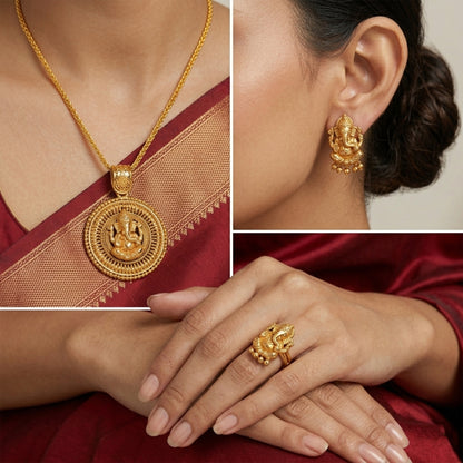Gold Plated Lord Ganesh Pendant Set With Earring & Finger Ring .