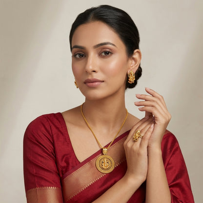 Gold Plated Lord Ganesh Pendant Set With Earring & Finger Ring .