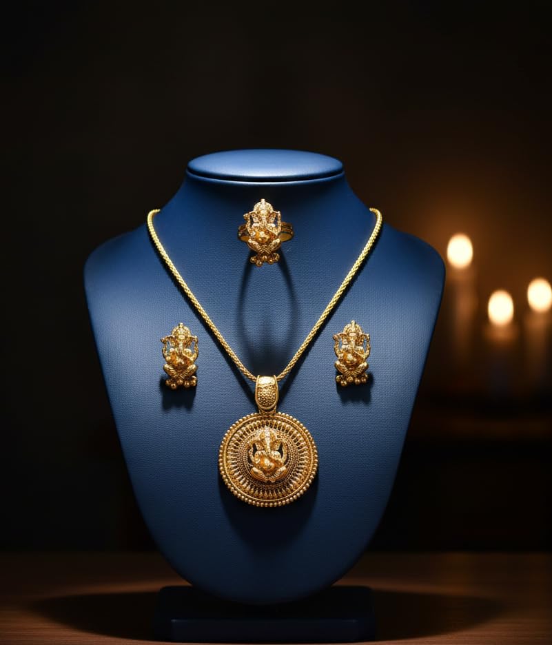 Gold Plated Lord Ganesh Pendant Set With Earring & Finger Ring .