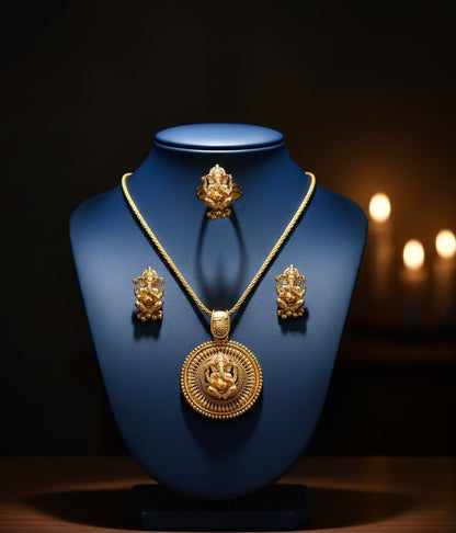 Gold Plated Lord Ganesh Pendant Set With Earring & Finger Ring .