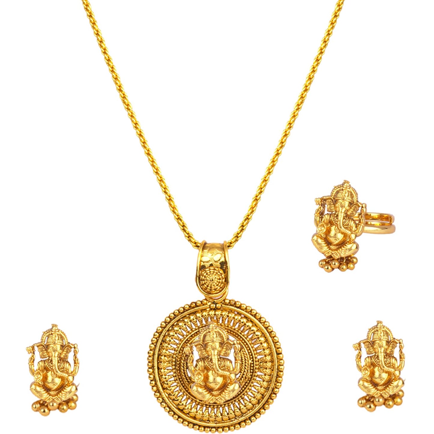 Gold Plated Lord Ganesh Pendant Set With Earring & Finger Ring .