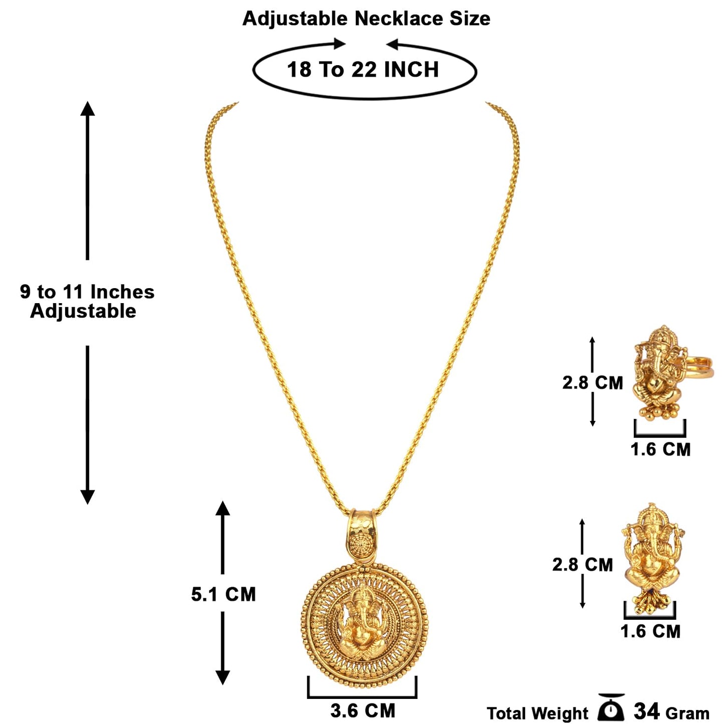 Gold Plated Lord Ganesh Pendant Set With Earring & Finger Ring .