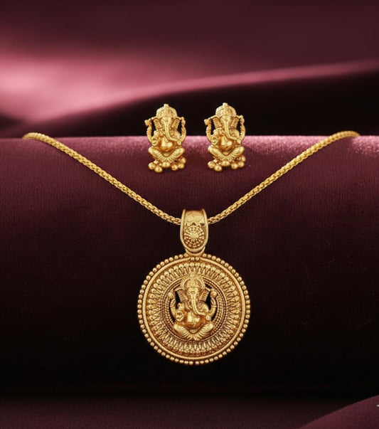 Gold Plated Lord Ganesh Pendant Set With Earring .