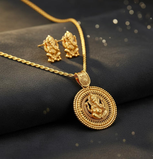 Gold Plated Lord Ganesh Pendant Set With Earring .