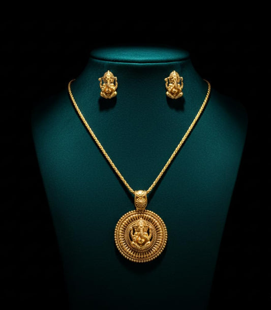 Gold Plated Lord Ganesh Pendant Set With Earring .