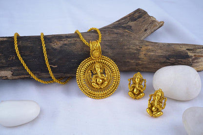 Gold Plated Lord Ganesh Pendant Set With Earring .
