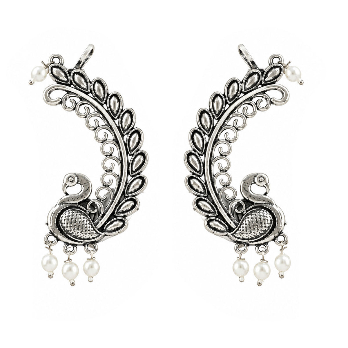 Oxidized Silver-Toned Peacock Ear Cuff Earrings with Pearl Drops – Antique Finish Leaf Pattern Ear Cuffs for Women & Girls | Navratri Special