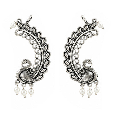Oxidized Silver-Toned Peacock Ear Cuff Earrings with Pearl Drops – Antique Finish Leaf Pattern Ear Cuffs for Women & Girls | Navratri Special