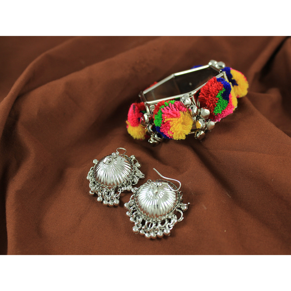 JFL - Jewellery for Less Navratri Special Oxidised Silver Jhumka Earrings with Colorful Pom-Pom Bracelet Set for Women & Girls