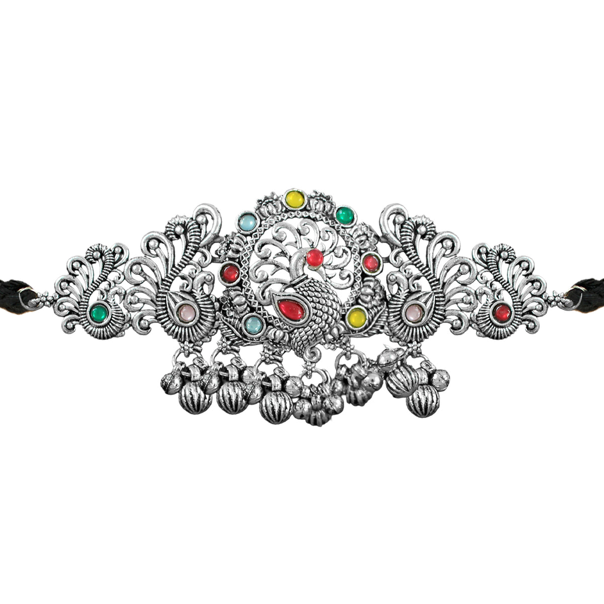 JFL - Jewellery for Less Ethnic Oxidised Silver Plated Multicolor Stone Peacock Design Choker Necklac Set with Ghungroo Bracelet for Women & Girls (Navratri Special)