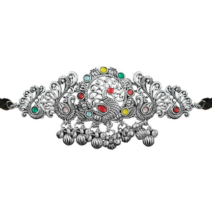 JFL - Jewellery for Less Ethnic Oxidised Silver Plated Multicolor Stone Peacock Design Choker Necklac Set with Ghungroo Bracelet for Women & Girls (Navratri Special)