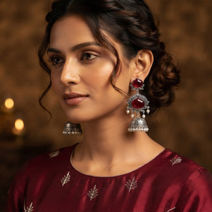 JFL - Jewellery for Less Oxidized Silver-Toned Jhumka Earrings with Maroon Stone and Pearl Drops – Traditional Ethnic Jewellery for Women