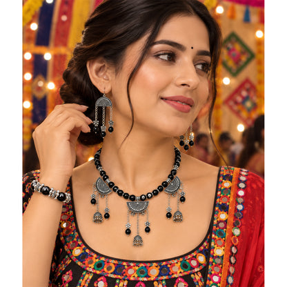 Oxidized German Silver Black Beaded Necklace, Bracelet & Dangle Earrings Set – 3-Piece Ethnic Wire Collar Jewellery Set for Women, Navratri Special
