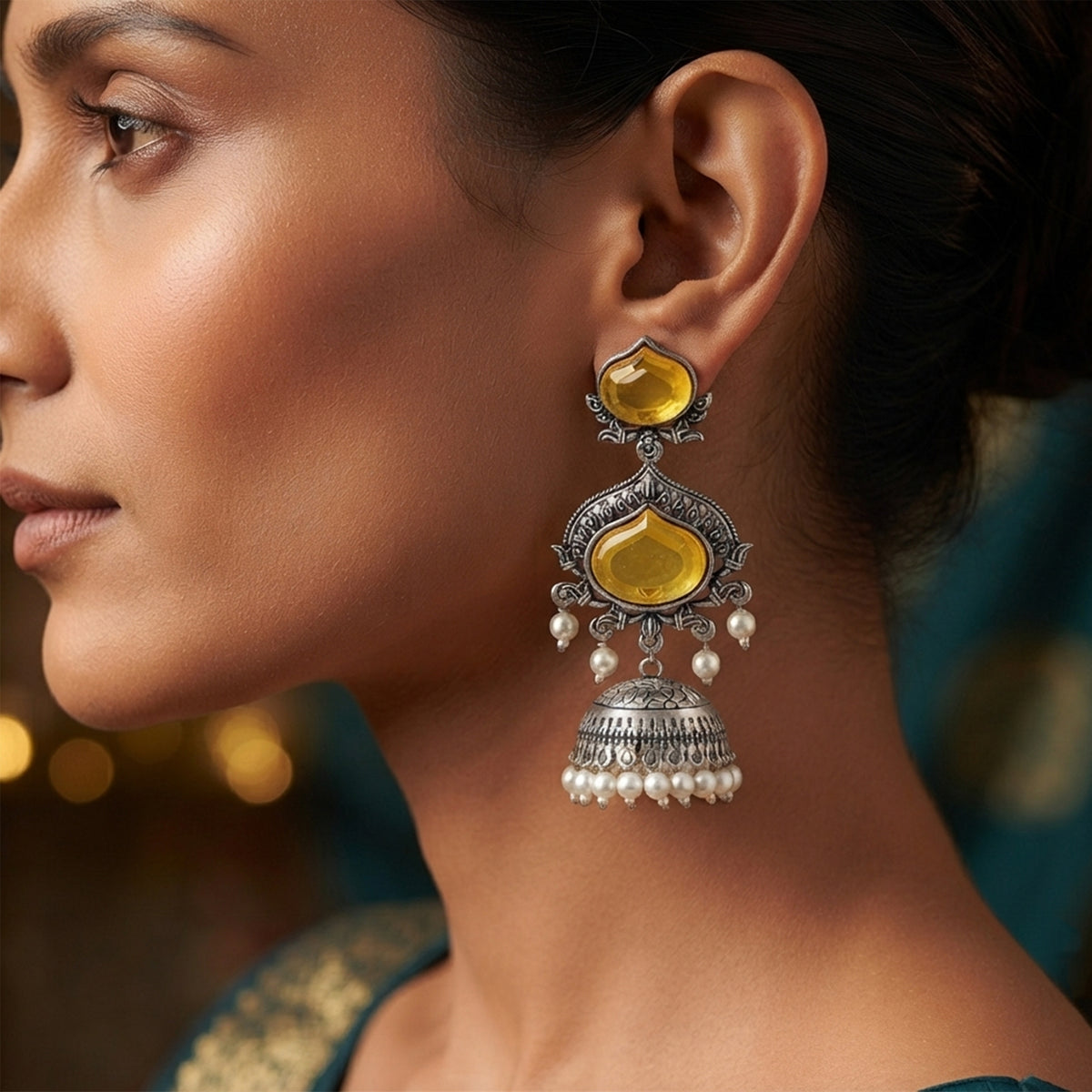 JFL - Jewellery for Less Oxidized Silver-Toned Jhumka Earrings with Yellow Stone and Pearl Drops – Traditional Ethnic Jewellery for Women