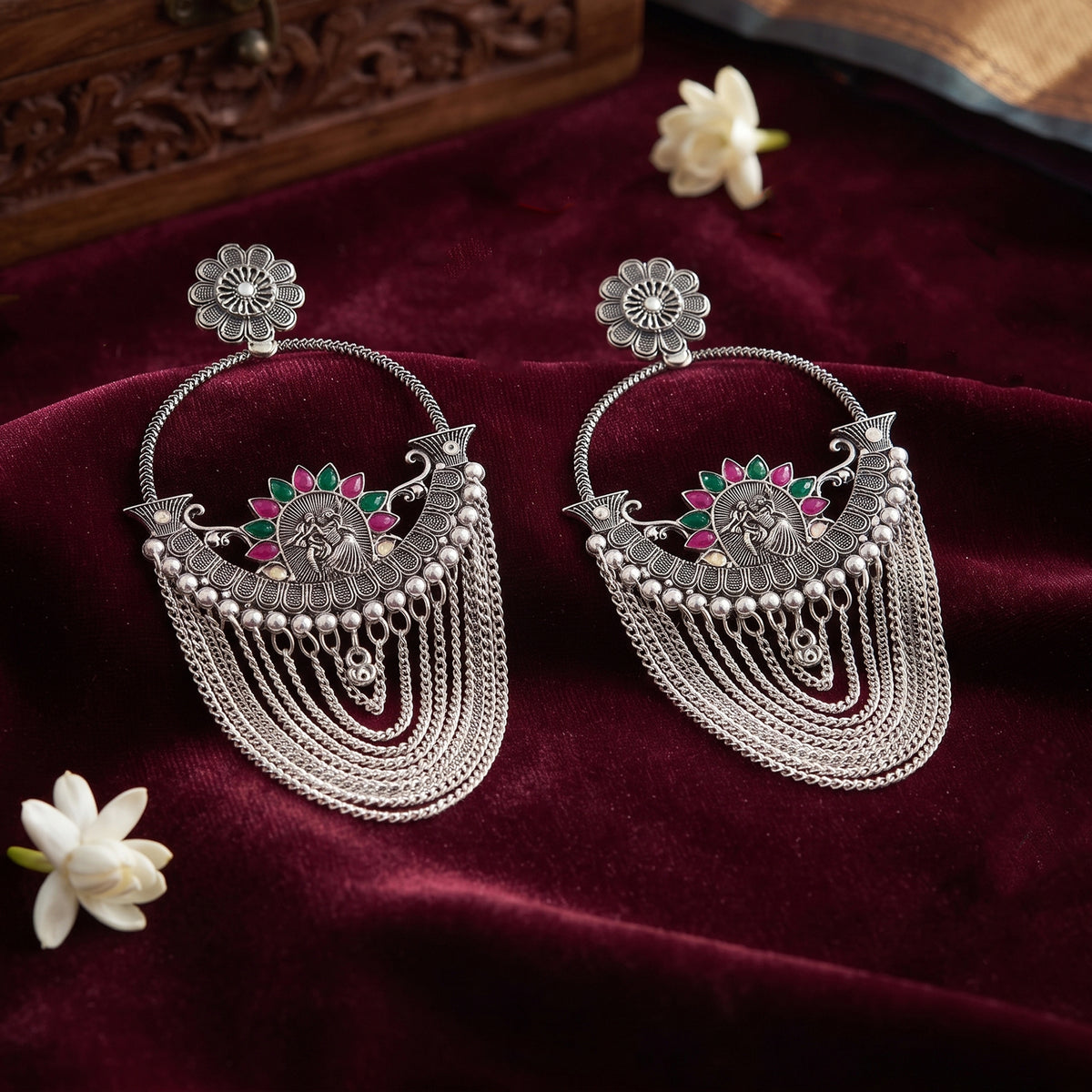 Oxidized Silver-Toned Antique Chandbali Earrings with Pink & Green Stones and Layered Chain Tassels – Traditional Ethnic Jhumki Earrings for Women & Girls | Navratri Special