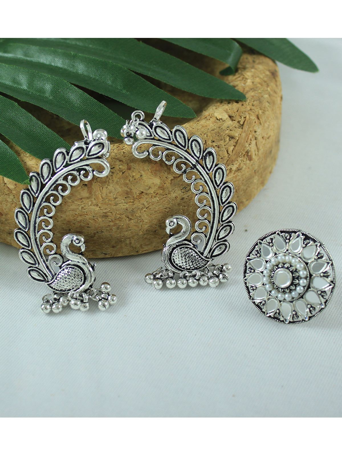 JFL - Jewellery for Less Combo of Oxidised Peacock Earrings & Finger Ring Set for Women & Girls | Antique Silver Plated Ethnic Traditional Jewellery Combo(Navratri Special)