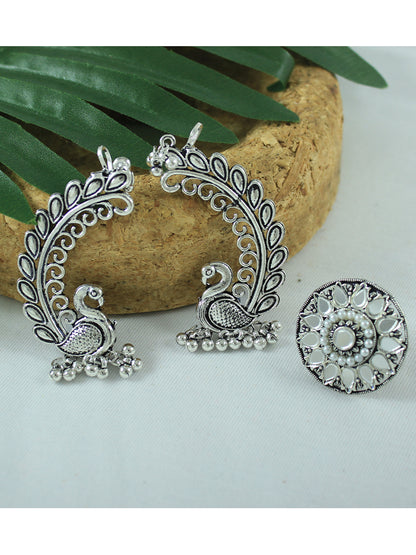 JFL - Jewellery for Less Combo of Oxidised Peacock Earrings & Finger Ring Set for Women & Girls | Antique Silver Plated Ethnic Traditional Jewellery Combo(Navratri Special)