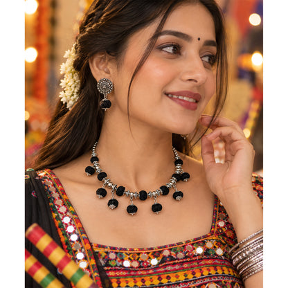 Oxidized German Silver Beaded Necklace with Black Thread Ball Danglers & Earrings Set – Ethnic Wire Collar Jewellery Set for Women, Navratri Special