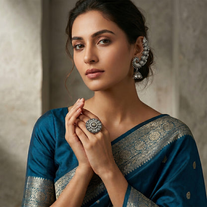 JFL - Jewellery for Less Combo of Oxidised Floral Peacock Earrings with Jhumka & Finger Ring for Women | Antique Silver Plated Ethnic Jewellery Set(Navratri Special)