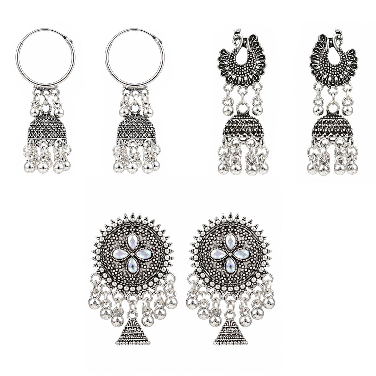Oxidised Silver Jhumka Earrings Combo Pack of 3 for Women & Girls | Traditional Peacock, Temple & Floral Chandbali Designs | Ethnic Festive Jewellery for Wedding & Party