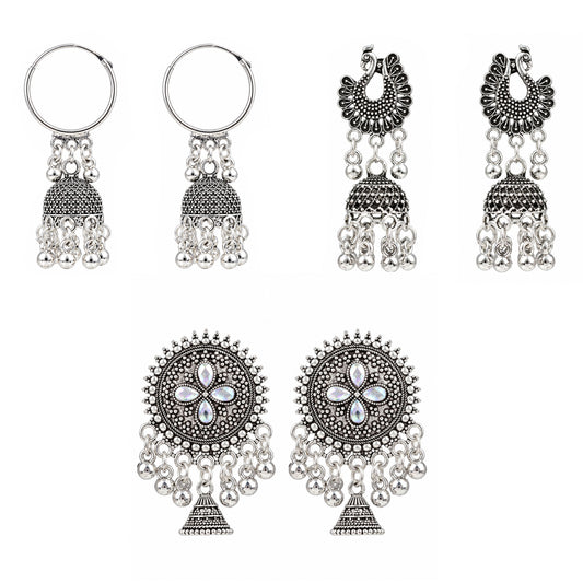 Oxidised Silver Jhumka Earrings Combo Pack of 3 for Women & Girls | Traditional Peacock, Temple & Floral Chandbali Designs | Ethnic Festive Jewellery for Wedding & Party