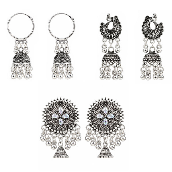 Oxidised Silver Jhumka Earrings Combo Pack of 3 for Women & Girls | Traditional Peacock, Temple & Floral Chandbali Designs | Ethnic Festive Jewellery for Wedding & Party