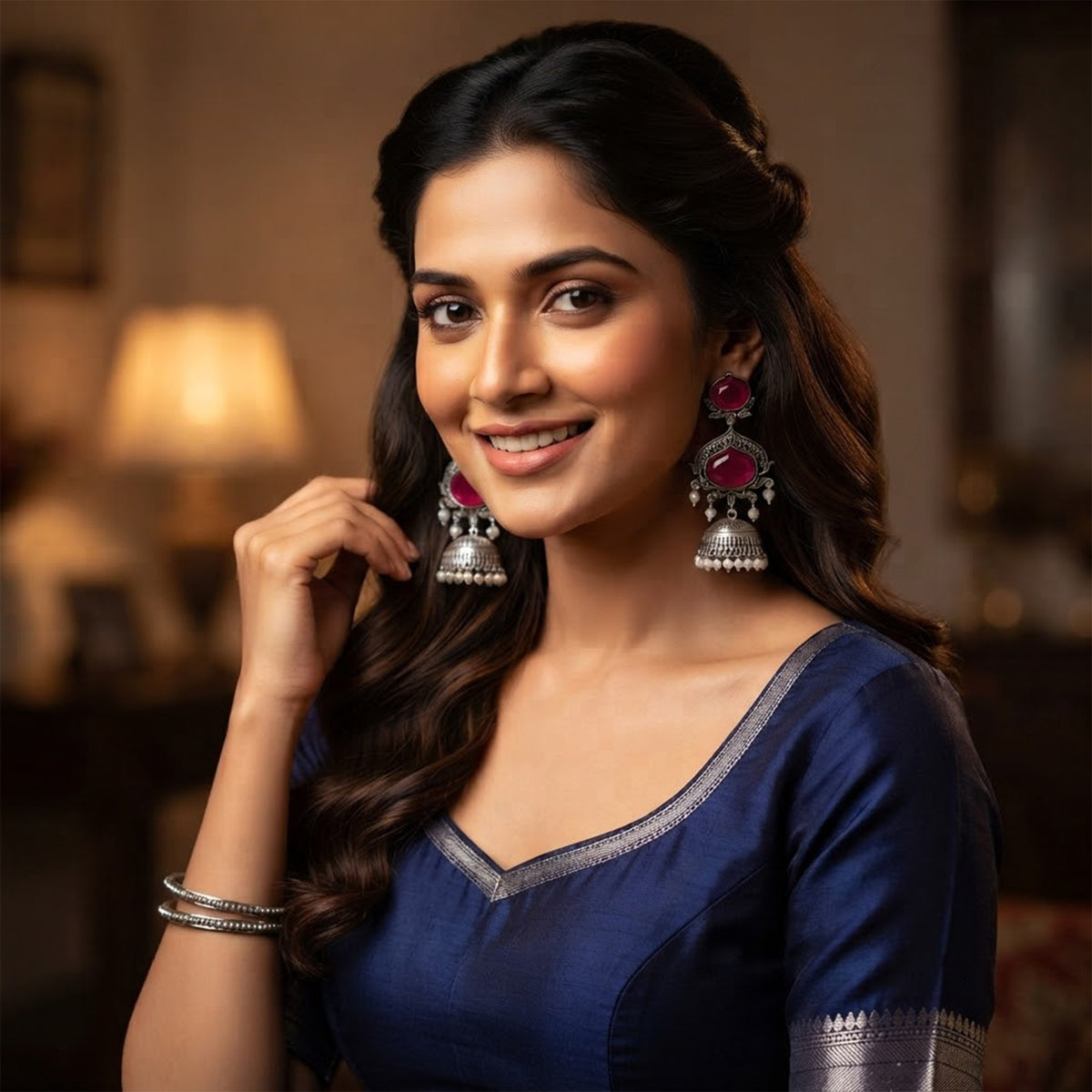 JFL - Jewellery for Less Oxidized Silver-Toned Jhumka Earrings with Wine Stone and Pearl Drops – Traditional Ethnic Jewellery for Women