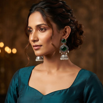 JFL - Jewellery for Less Oxidized Silver-Toned Jhumka Earrings with Green Stone and Pearl Drops – Traditional Ethnic Jewellery for Women