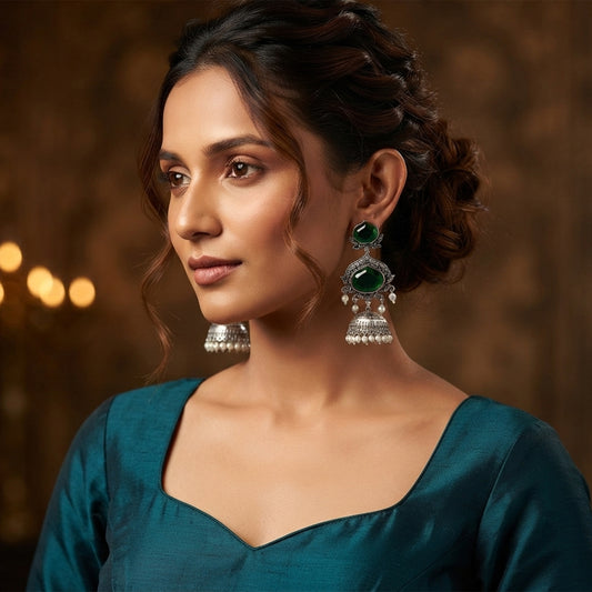 JFL - Jewellery for Less Oxidized Silver-Toned Jhumka Earrings with Green Stone and Pearl Drops – Traditional Ethnic Jewellery for Women
