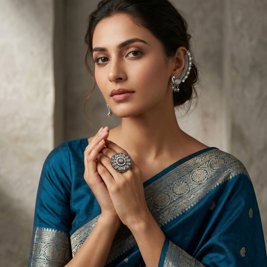 JFL - Jewellery for Less Combo of Oxidised Peacock Earrings with Adjustable Finger Ring for Women & Girls | Antique Silver Plated Kundan Studded Traditional Jewellery Set(Navratri Special)