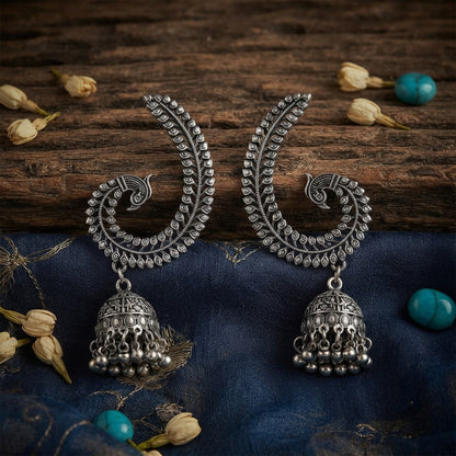 Oxidized Silver-Toned Peacock Ear Cuff Jhumki Earrings – Antique Finish Ear Cuffs with Ghungroo Drops for Women & Girls | Navratri Special