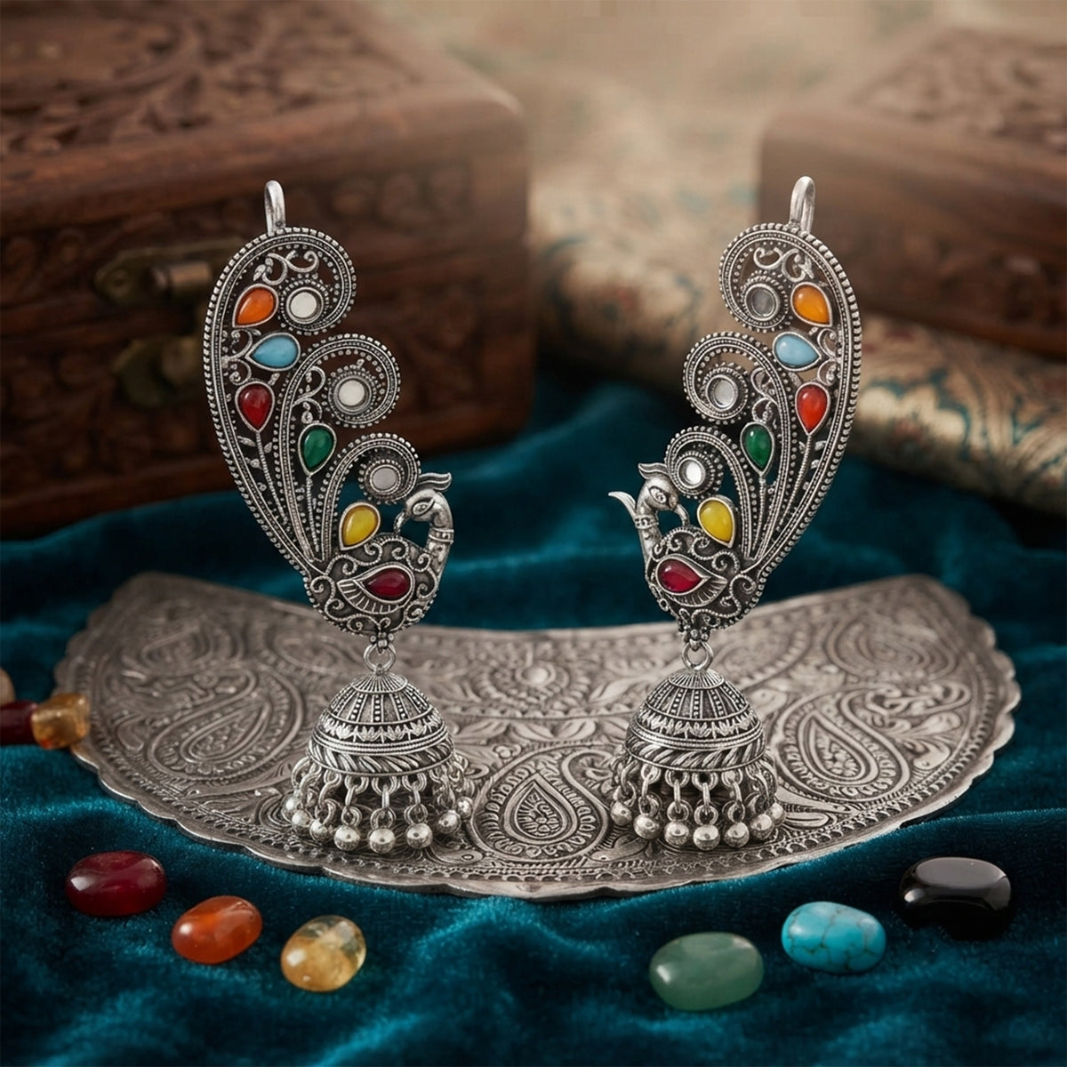 Oxidized Silver-Toned Multicolor Peacock Ear Cuff Jhumki Earrings – Traditional Antique Finish Ear Cuffs with Stone Work for Women & Girls | Navratri Special