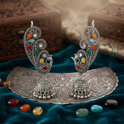 Oxidized Silver-Toned Multicolor Peacock Ear Cuff Jhumki Earrings – Traditional Antique Finish Ear Cuffs with Stone Work for Women & Girls | Navratri Special