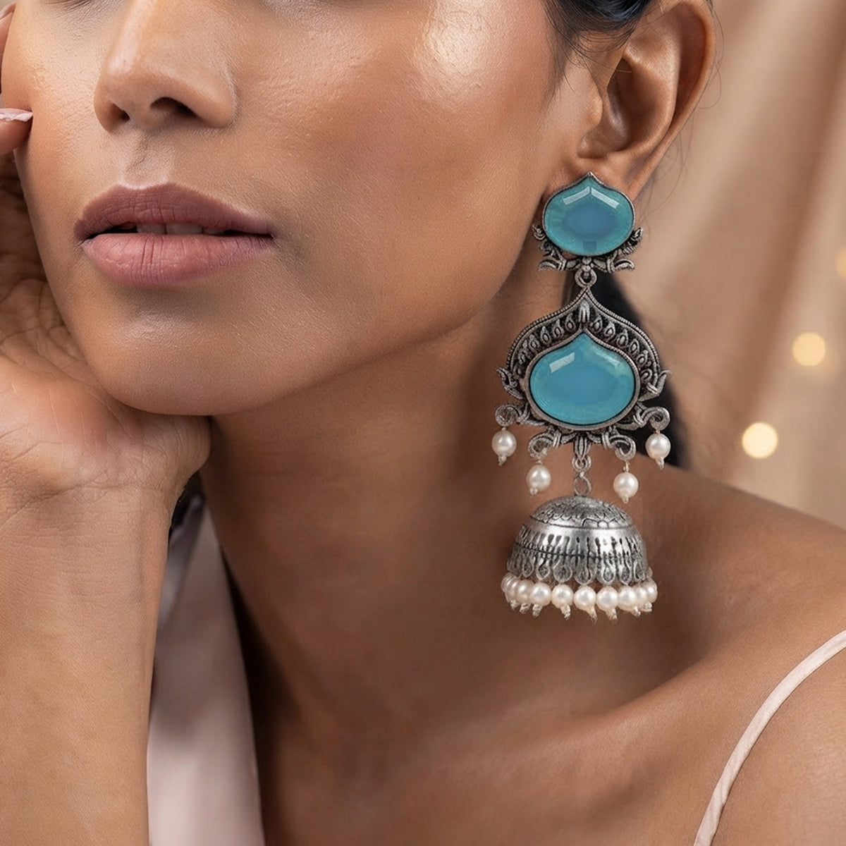 JFL - Jewellery for Less Oxidized Silver-Toned Jhumka Earrings with Sky Blue Stone and Pearl Drops – Traditional Ethnic Jewellery for Women