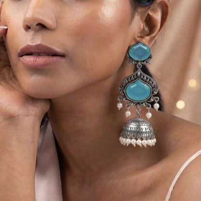 JFL - Jewellery for Less Oxidized Silver-Toned Jhumka Earrings with Sky Blue Stone and Pearl Drops – Traditional Ethnic Jewellery for Women