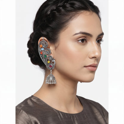 Oxidized Silver-Toned Multicolor Peacock Ear Cuff Jhumki Earrings – Traditional Antique Finish Ear Cuffs with Stone Work for Women & Girls | Navratri Special