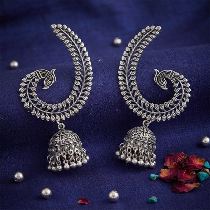 Oxidized Silver-Toned Peacock Ear Cuff Jhumki Earrings – Antique Finish Ear Cuffs with Ghungroo Drops for Women & Girls | Navratri Special